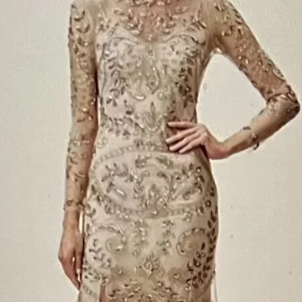 BHLDN Gold Sequin Long Sleeve Sheath Dress